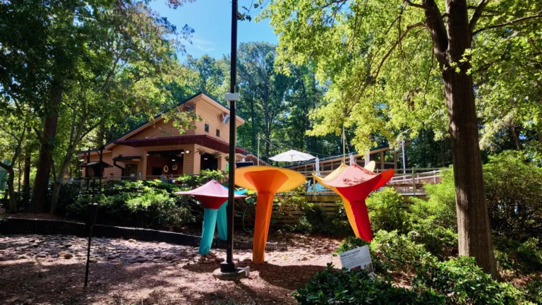 Colorful oversized flower sculptures in a wooded garden in front of the Bond Park boathouse