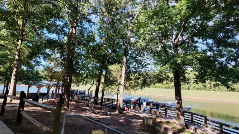 Shaded waterfront with picnic tables, a fishing pier and people along the rail at Bond Lake