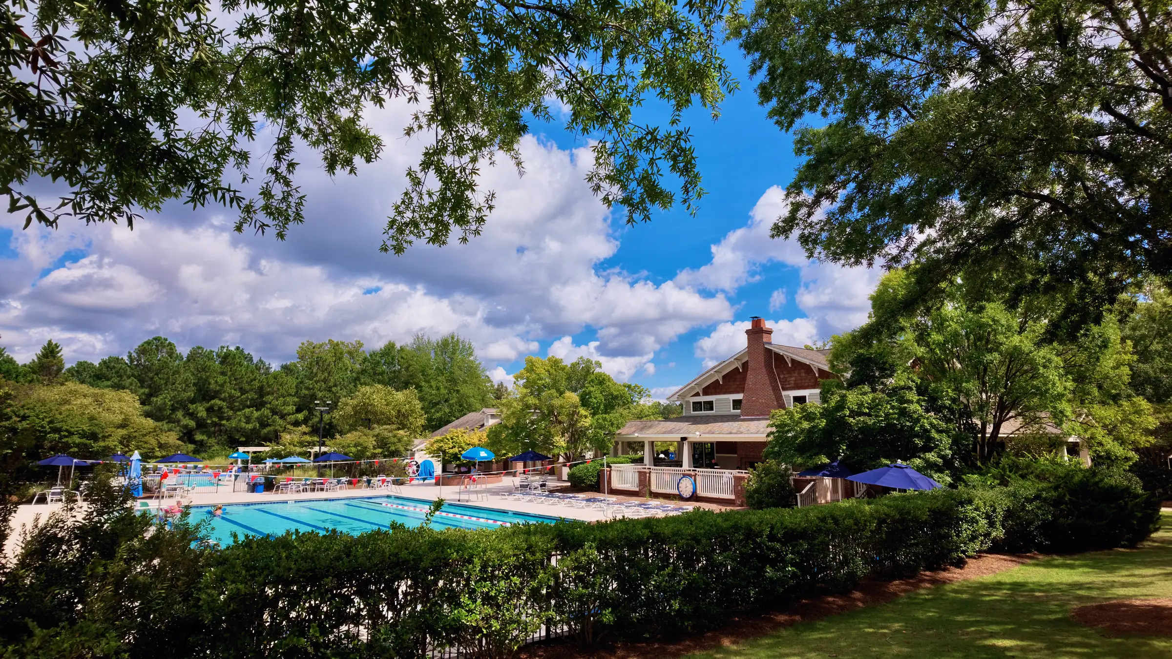Outdoor pool with lap lanes, blue umbrellas and a brown-shingled pool house, seen over a trimmed hedge