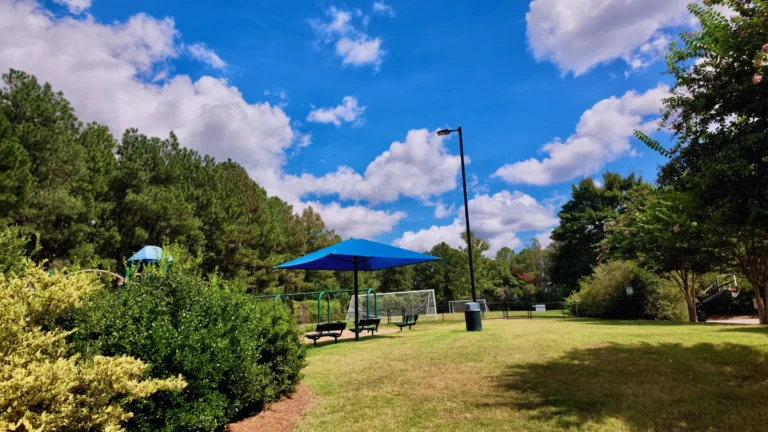 Open lawn with a blue shade canopy over picnic tables and small soccer goals, surrounded by trees