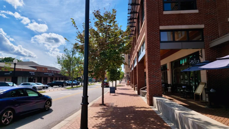 Wide brick sidewalk with street trees and lampposts in front of brick buildings, cars parked along the curb