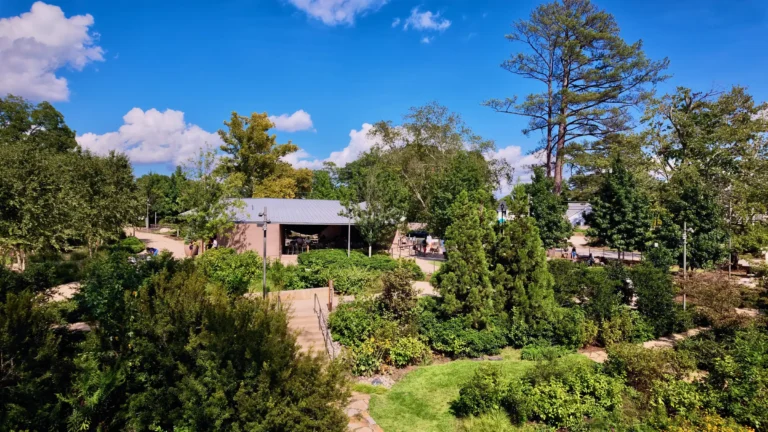 Winding paths through planted gardens and evergreens toward a covered pavilion