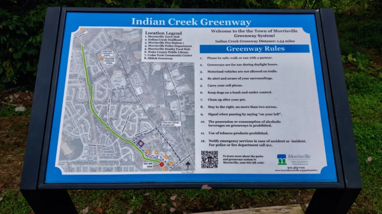 Indian Creek Greenway trail sign with an aerial map, a legend of nearby town buildings and 12 greenway rules