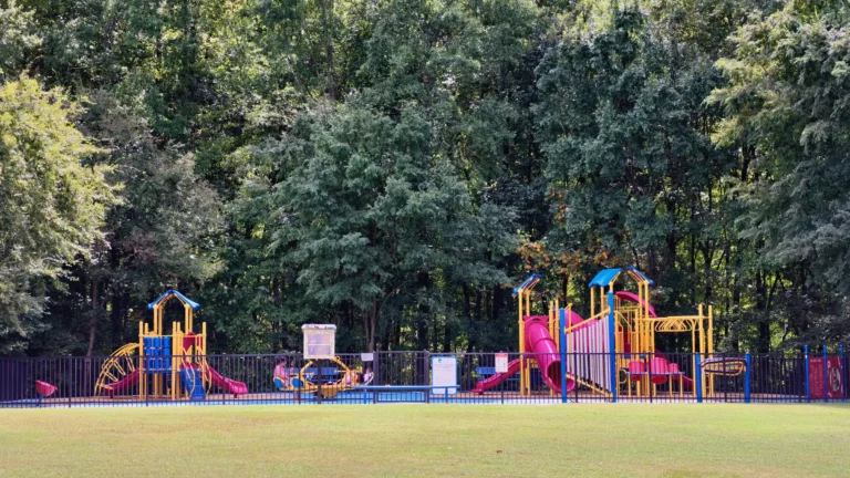 Fenced playground with red, yellow and blue climbing structures in front of a wall of tall trees