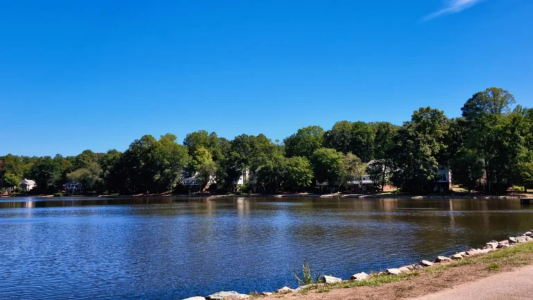 Wide calm lake with a rocky edge in the foreground and homes among trees along the far shore